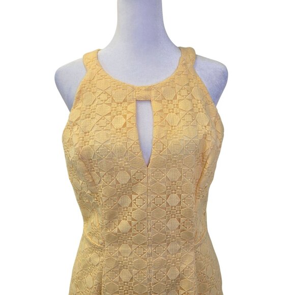 White House Black Market Yellow Geometric Lace Overlay Fit & Flare Dress Size 6 - Picture 4 of 7